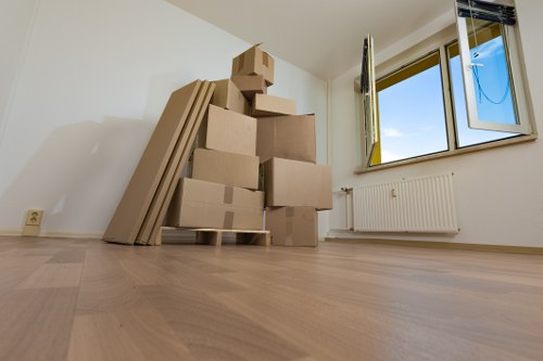 Packed boxes and labelled items in a Pimlico household storage unit